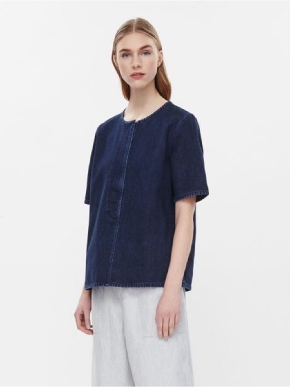 COS Blue Denim Short Sleeve Quarter Zip Boxy Top